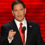 US Senator from Florida Marco Rubio addresses the audience at the Tampa Bay Times Forum in Tampa, Florida, on August 30, 2012 on the final day of the Republican National Convention (RNC). The RNC will culminate later today with the formal nomination of Mitt Romney and Paul Ryan as the GOP presidential and vice-presidential candidates in the US presidential election. AFP PHOTO Stan HONDA (Photo credit should read STAN HONDA/AFP/GettyImages)