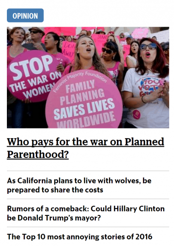 Screenshot of the San Luis Obispo Tribune front page. My column on the Top 10 Most Annoying Stories of 2016 is at the bottom.